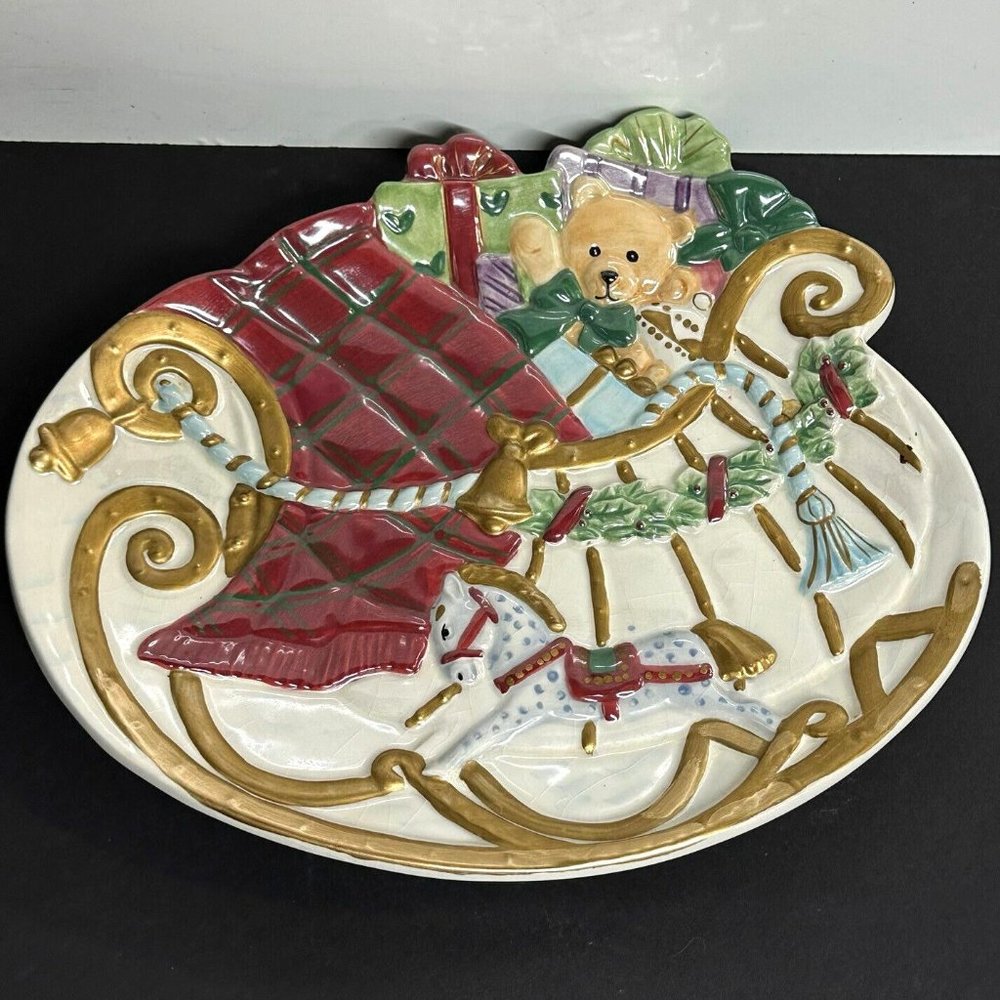 Ceramic Christmas Decorative Plate 12" Allure 2002 Heavy Gold Gilt Sleigh‎ Toys